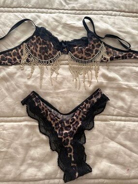 Leopard Print Lace Bra & Bikini Set with Gold Fringe